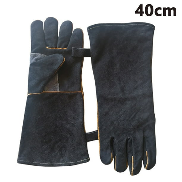 Guantes resistentes al calor, cuero duradero para cocinar al aire libre, entornos de altas temperaturas, guantes extra largos con forro polar de cuero de gamuza, manejo cómodo para estufa de leña,