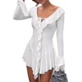 thumbnail image 3 of Women'S Long Sleeve V-Neck Dress Off Shoulder Ruffle Tiered Flowy Bodycon Mini Dresses White L, 3 of 10