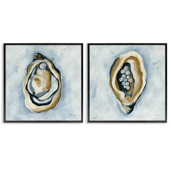 Stupell Industries Oyster with Pearls Nautical & Beach Painting Black Framed Art Print Wall Art, 12 x 12, Set of 2