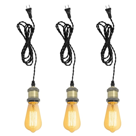 Kiven Vintage Dimmable Pendant Light Plug in, Industrial Hanging Light Fixture with 15FT Twisted Cord, E26 Socket Pendant Light for Bedroom Hallway Kitchen,Bronze(3 Pack) Bulb NOT Included