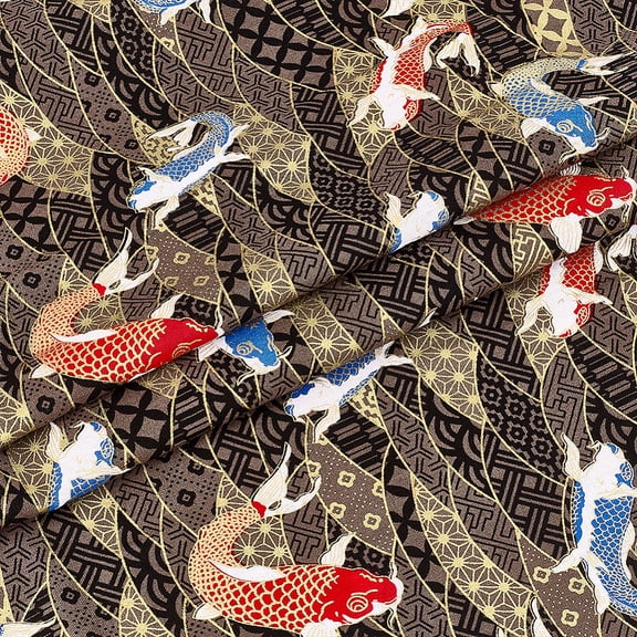 1.1 Yards x 58.3 Inch Brown Japanese Fish Wave Cotton Fabrics Japanese Style Quilting Fabrics Bronzing Printed Design