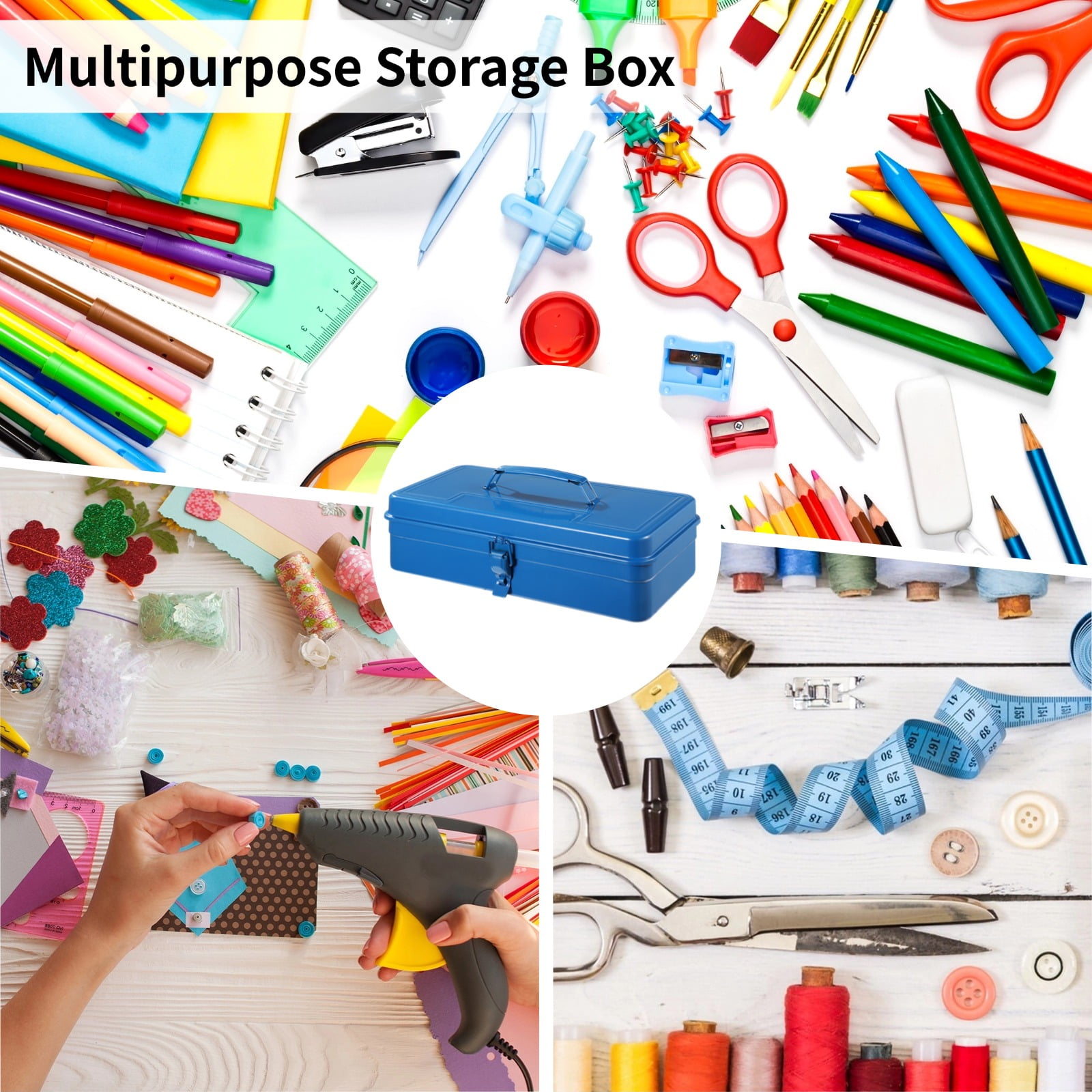 Steel Storage Box with Hinged Lid, Rectangular Blue Empty Hinged Metal Tool Box, Metal Organizer with Secure Buckle for Scrapbook Stamps, Stationery, Sewing Supplies, Hand Tools