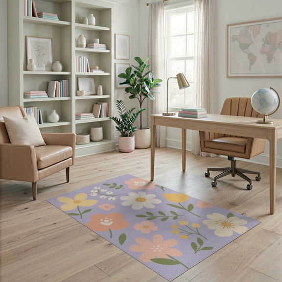 ODIKA 4'x6' Lavender Floral Elegance with Pastel Washable Area Rug Charming Spring Garden Motif, Serene Decor Accent Pet Friendly, Non-Shedding for Bedroom, Reading Nook