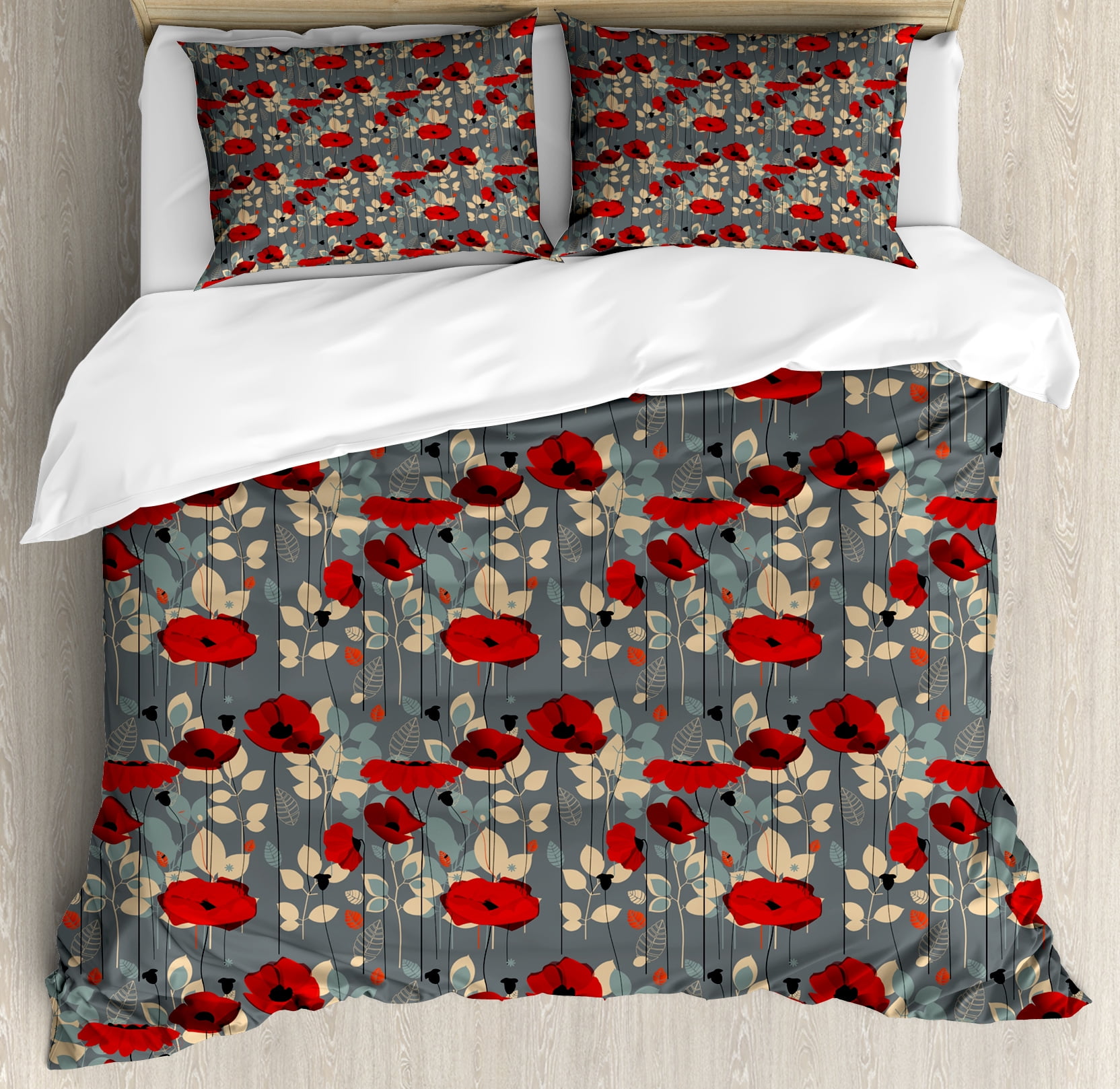 Poppy Duvet Cover Set Abstraction Of A Growing Fl Garden Leaves Botanical Modern Nature Display Decorative Bedding With Pillow Shams Grey