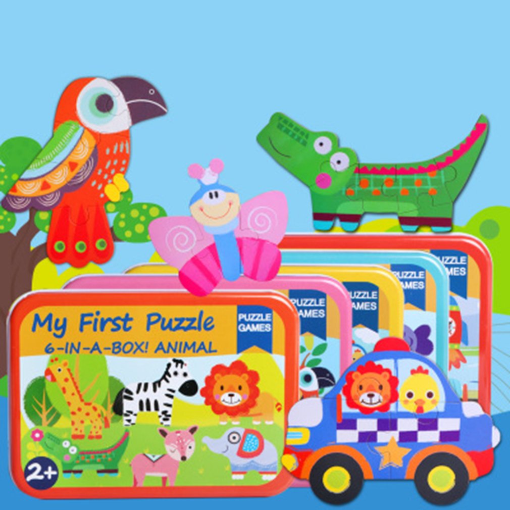 children s creative early education wooden puzzle 6 in 1 iron box jigsaw puzzle kids cartoon wooden toy walmart com walmart com walmart com
