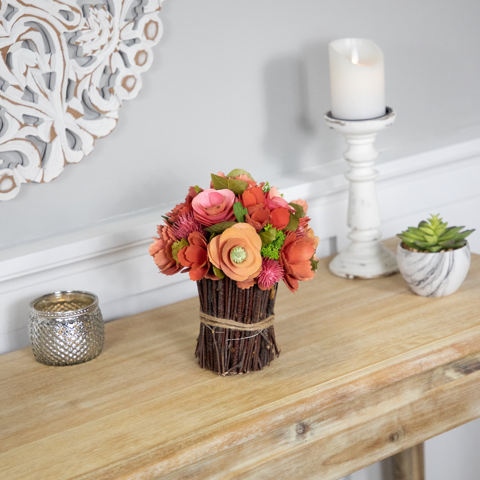 Northlight Artificial Mixed Floral Wooden Spring Bouquet - 9" - Red and Pink