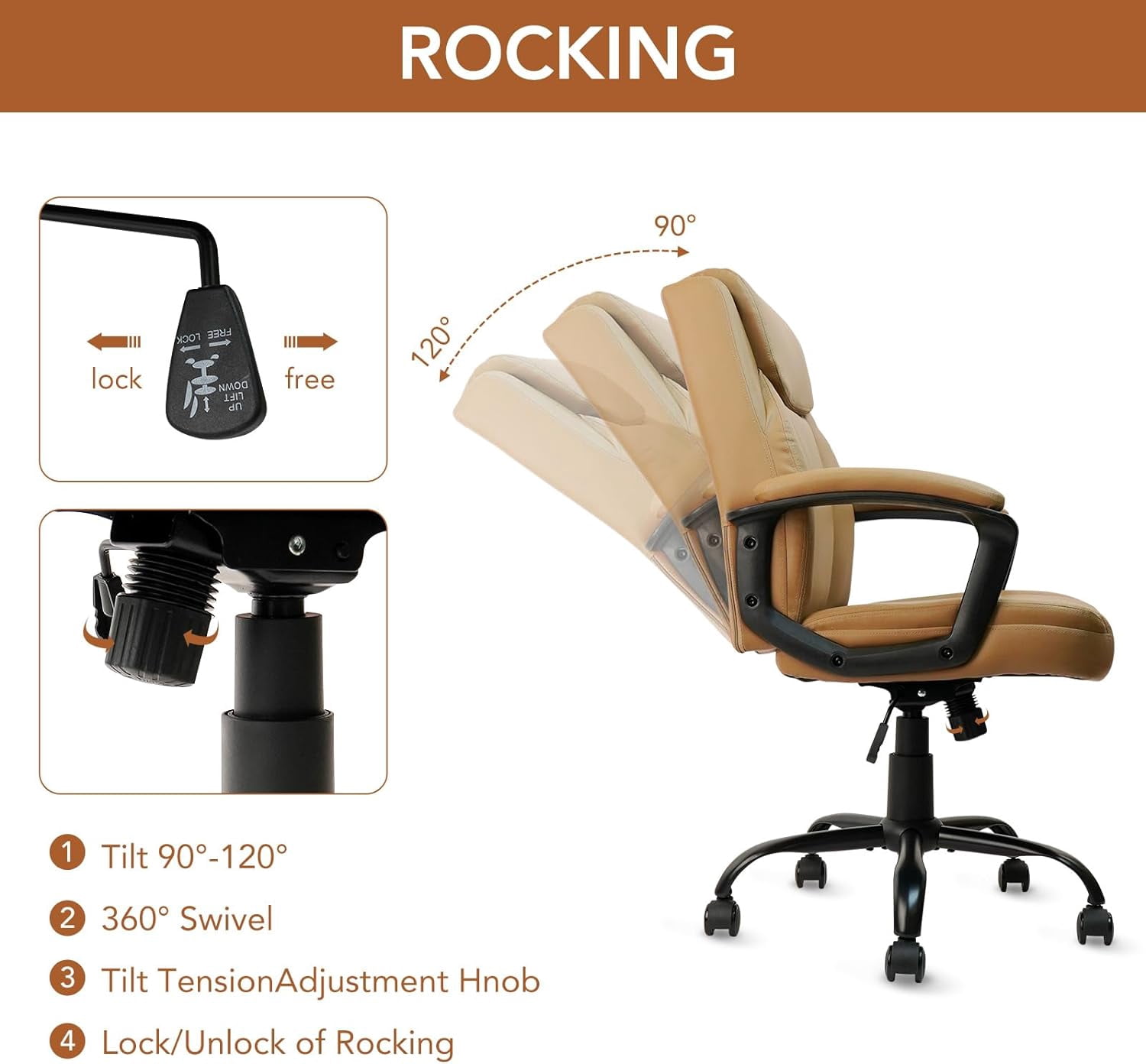 CLATINA Brown Office Chair Computer Chair PU Leather Executive Office Chair Swivel Adjustable Height Chair with Upholstery Fixed armrest Mid-Back Leather Thick Cushion Office Chair Brown 2Pack