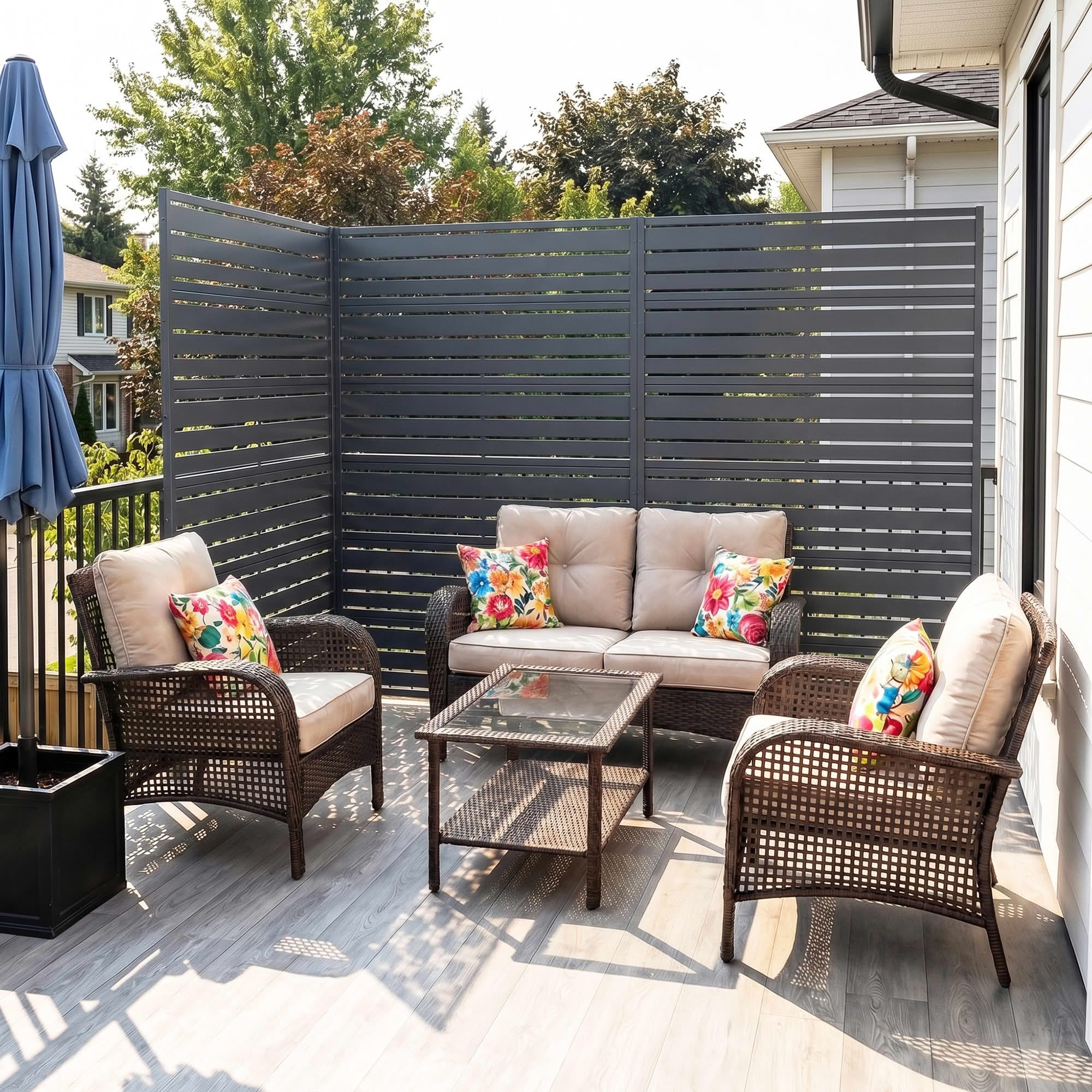 MAYEERTY 72"x47" Privacy Screen, Basalt Ash 6-Panel Galvanized Steel Louvered Fence, Wide-1 Narrow-2, Freestanding for Patio Backyard