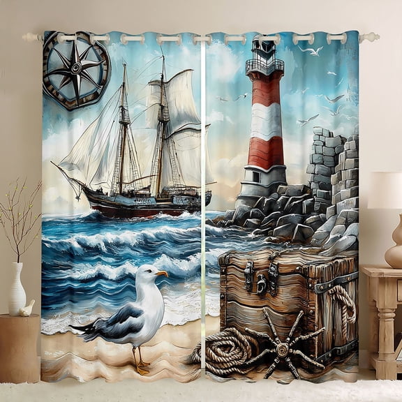 Manfei Vintage Sailing Ship Lighthouse Black Out Curtains for Kids Boys and Girls, Nautical Adventure Print Curtains Pack of 2 (42x63 Each)