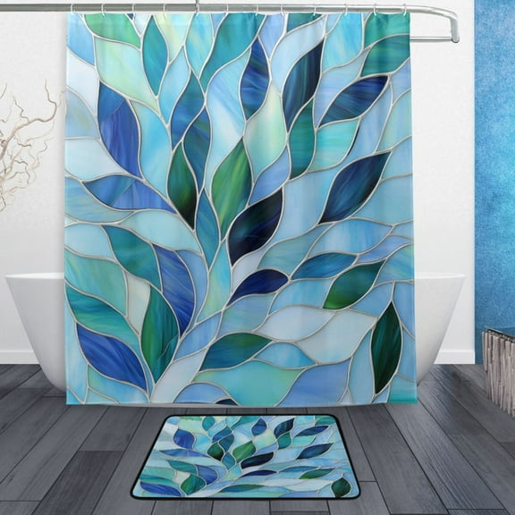 Bath Curtain & Non-Slip Bath Mat Set 12-Grommet Shower Curtain Memory Foam Bath Rug Blue and Green Leaves