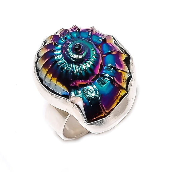 Natural Ammonite Fossil Gemstone 925 Sterling Silver Jewelry Ring Size 7