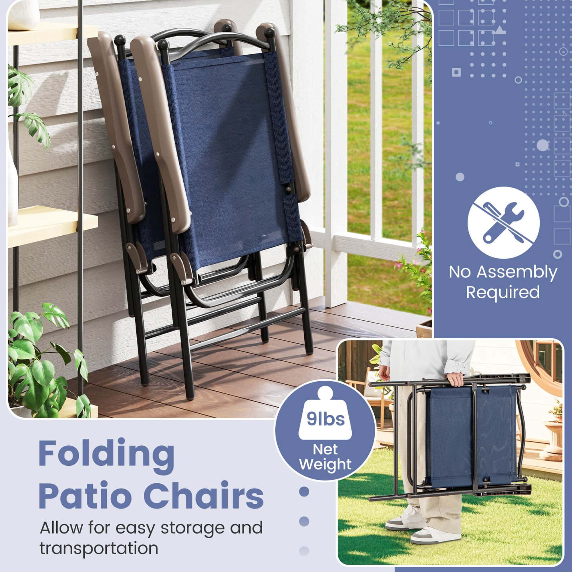 Costway Patio Folding Chairs Set of 2 with Armrests Outdoor Portable Camping Chairs Navy