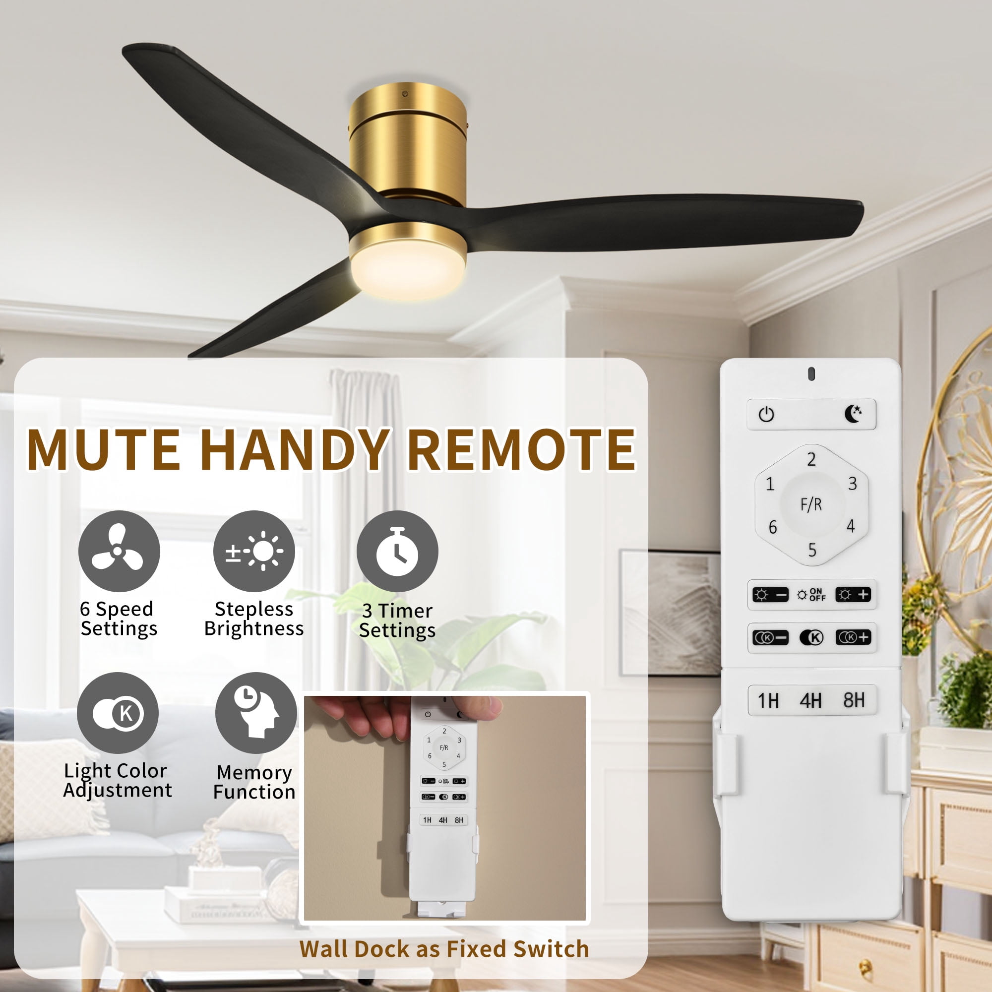 Uforic 52 Inch Low Profile Ceiling Fan with Lights Remote, Flush Mount Ceiling Fan with 3 Wood Fan Blade for Bedroom, Outdoor, Indoor, Black & Gold