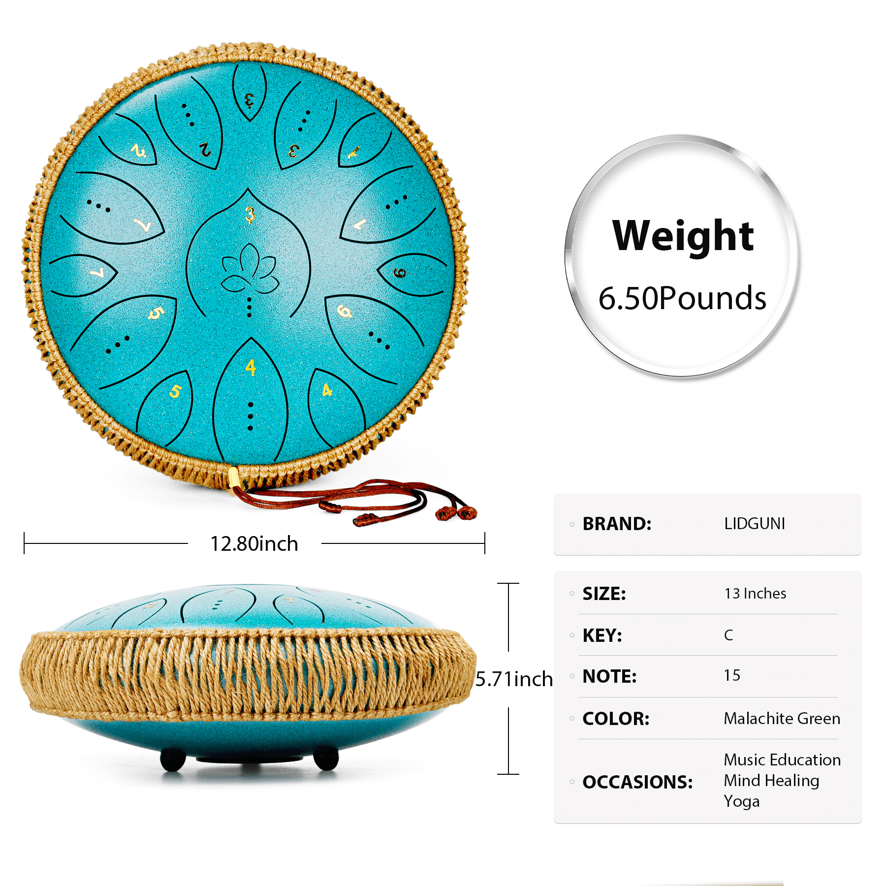 Lidguni Steel Tongue Drum 13" 15-Notes Tongue Pan Drums for Adults, C Major, Malachite Green