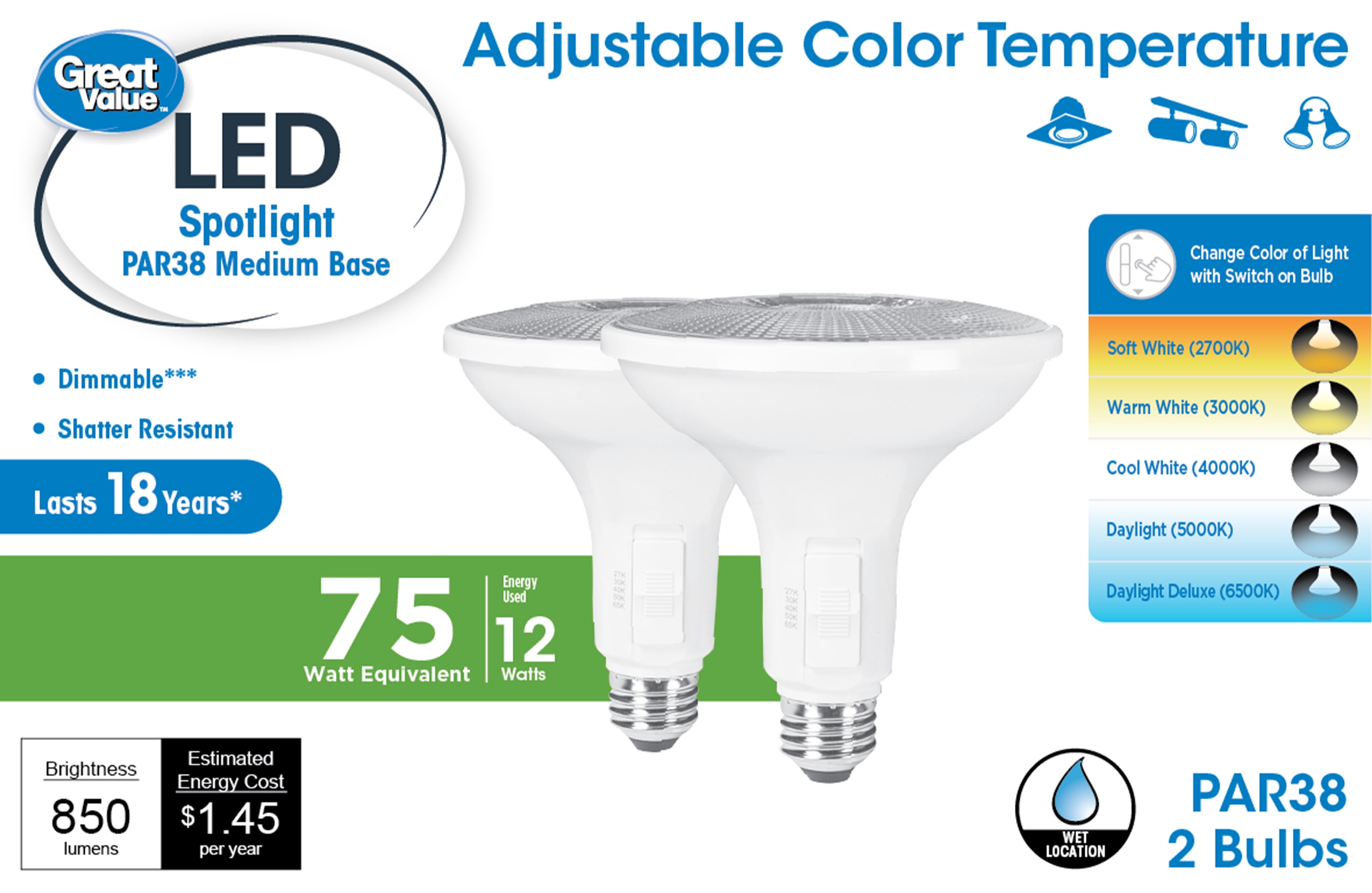 (4 pack) Great Value LED Light Bulb, 11 Watts (75W Equivalent) PAR38 Floodlight Lamp E26 Medium Base, Dimmable, CCT, 2-Pack