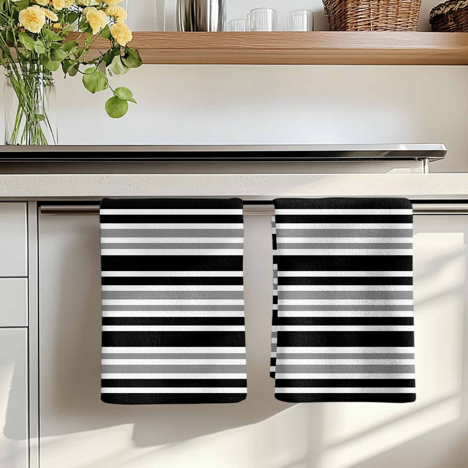 Dish Towels, Gray Black Stripes Absorbent Kitchen Towels 2 PCS, Contrast Striped Microfiber Hand Towels Dish Cloths Tea Towels for Home&nbsp;Bathroom Cleaning Drying,18X28-Inch,