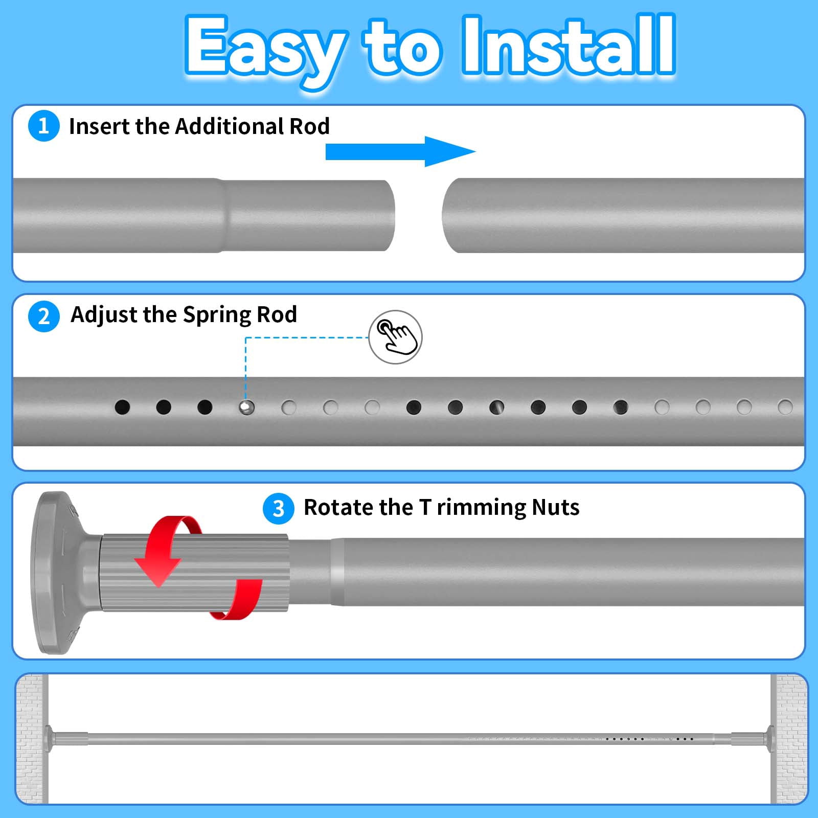 Ktinnead Tension Curtain Rod 129-148in,Extra Long Curtain Rods No Drilling for Window Bathroom Patio,Adjustable Spring Shower Curtain Rod,Easy to Install Never Rust,Rod Diameter 1.26in-Gray