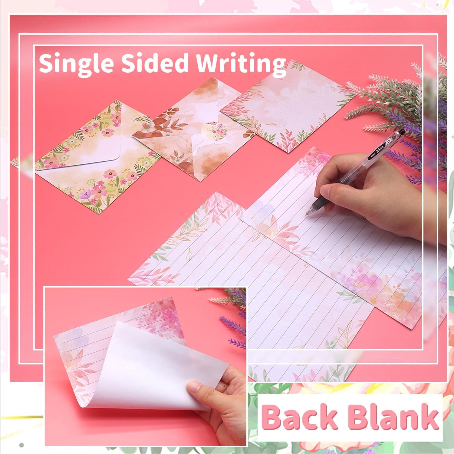 160-sheet stationery set including 50 matching envelopes, 50 single-sided writing sheets, 60 polka dot stickers, suitable for school office supplies, 10 designs, size 5.5 x 8.25 inches (flower)