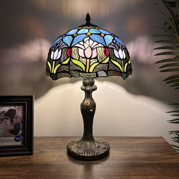 Tiffany Table Lamp Blue Stained Glass Purple  Tulips LED Bulb Included For Living Room Bedroom Bedside 12"W*12"D*19"H