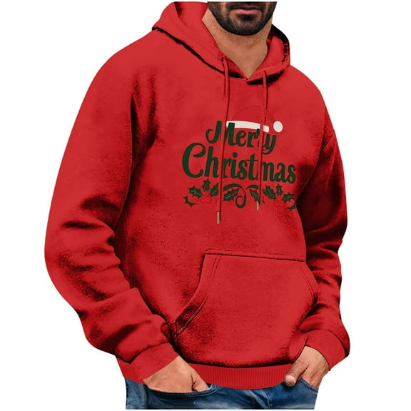 qelini Christmas Hoodies for Men Long Sleeve Pullover Merry Christmas Print Drawstring Hooded Sweatshirts Casual Tops