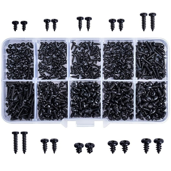 shiyou-500 PCS Self Tapping Screws, 10 Sizes Cross Head Black Small Screws, Multi Use Round Head Screws for Wood Plastic Soft Metal Carbon Steel