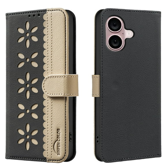 Compatible with iPhone 16 Wallet Case with Card Holder, Premium PU Leather Floral Design Flip Cover with Kickstand Magnetic Closure, RFID Blocking Phone Case for iPhone 16, Black
