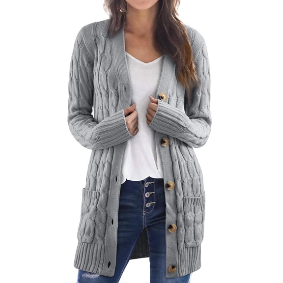 DOKOTOO Womens Cable Knit Cardigan with Pockets Button Down Gray Chunky Cardigans Open Front Loose Plus Size Sweater Outerwear for Work Spring Fall Winter Size Large US 12-14