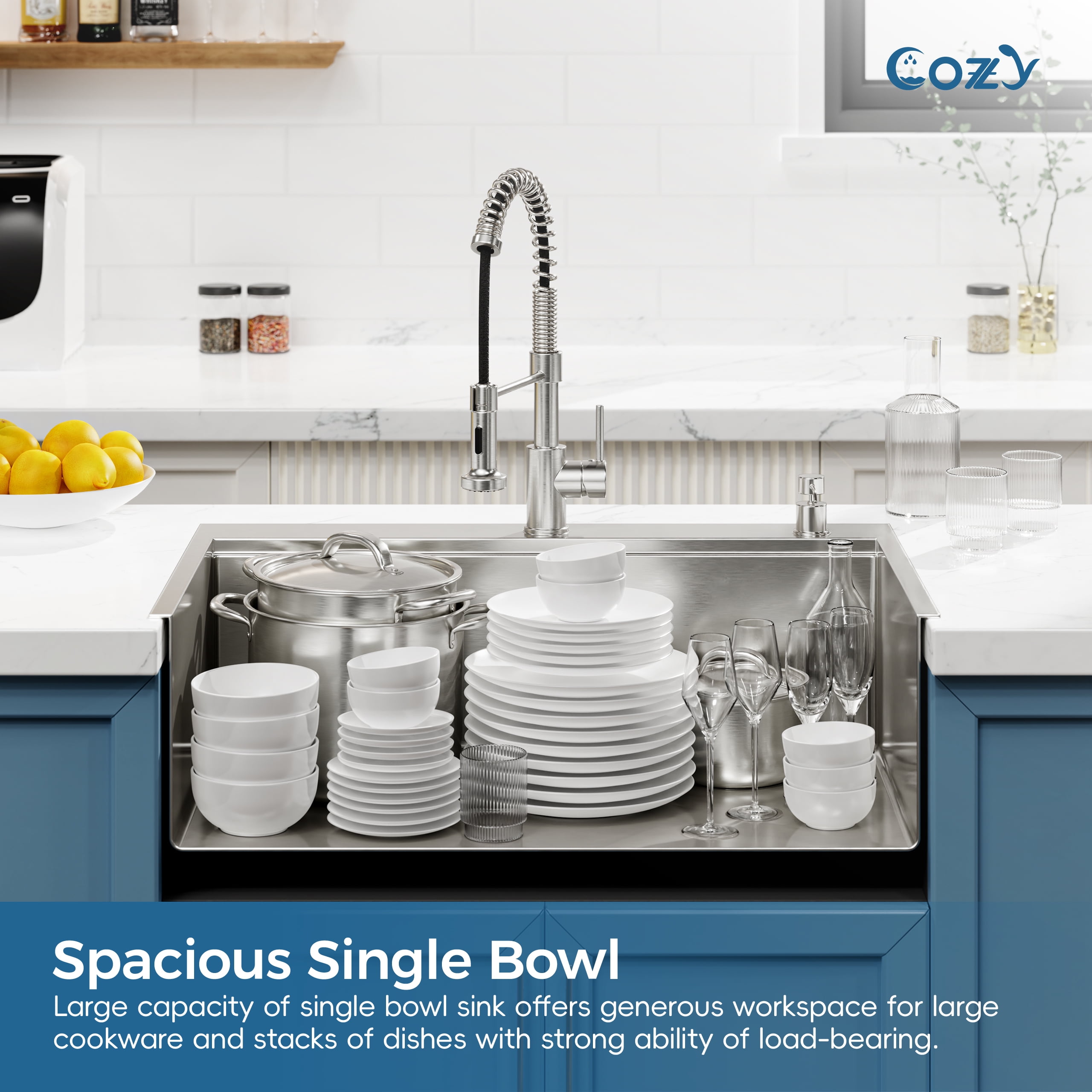 COZY Stainless Steel Kitchen Sink, Single Bowl, Overmount Handmade Sink, with US Standard Drain and Hook.