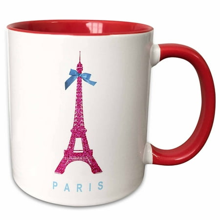 3dRose Hot Pink Eiffel Tower from Paris with girly blue ribbon bow - White stylish Parisian France souvenir - Two Tone Red Mug,