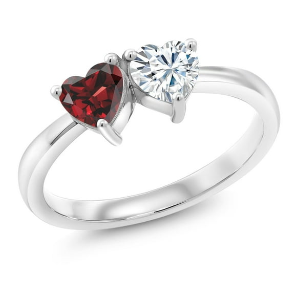 Gem Stone King 925 Sterling Silver Fashion Right-Hand Ring Heart Shape Red Garnet and Moissanite (1.02 Cttw, Size 7)