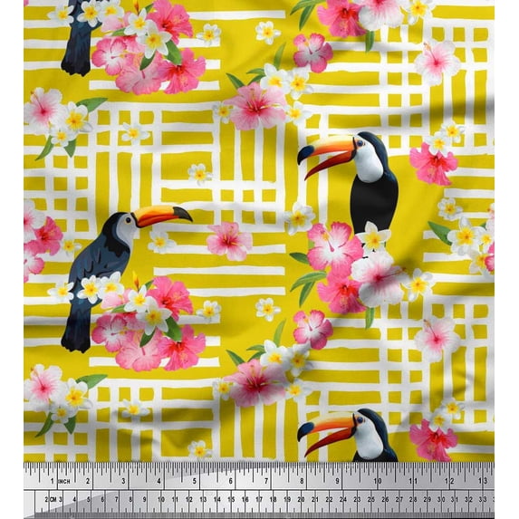 Soimoi Yellow Cotton Duck Fabric Floral & Toucan Bird Fabric Prints by Yard 42 Inch Wide
