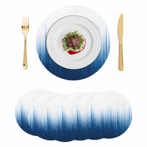 Blue Ombre Stripe Round 15 Inch Placemats Set of 6, Abstract Art Gradient Watercolor HeatResistant Non Slip Place Mats for Dining Table, Wipeable Braided Kitchen Table Mats for Housewarming