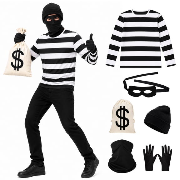 GOBWCOT Robber Costume for Adults, Black & White Striped Shirt Burglar Thief Outfit for Halloween Cosplay Accessories Role-Play