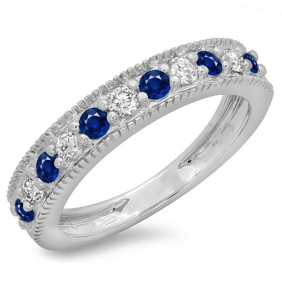 Dazzlingrock Collection 14K Round Blue Sapphire & White Diamond Millgrain Wedding Stackable Band, White Gold, Size 9.5