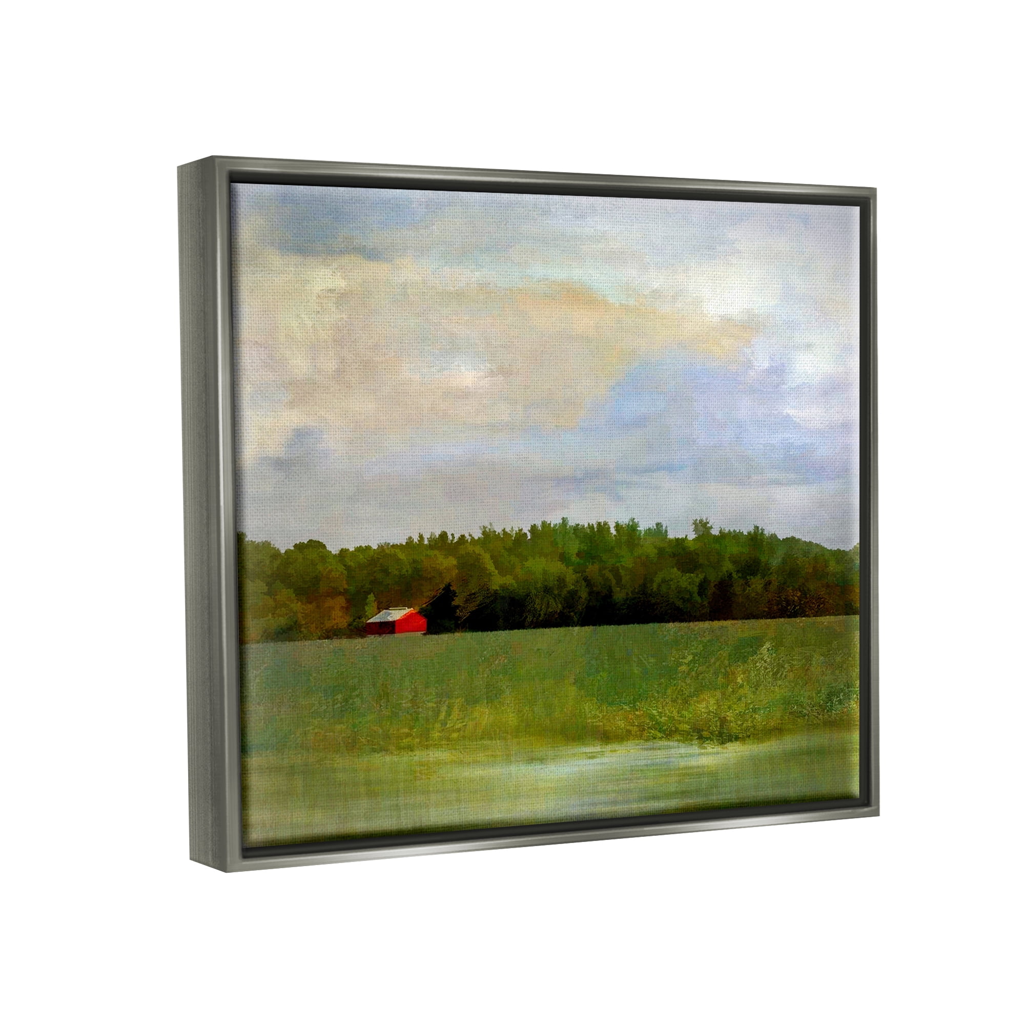 Stupell Industries Rural Field Red Cabin Landscape Landscape Painting Gray Floater Framed Art Print Wall Art