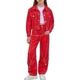 thumbnail image 2 of Agkizg Girls 2 Piece Summer Outfit Set Solid Color Long Sleeve Denim Jacket and Wide Leg Jeans Trendy Casual Wear for Big Kids, 2 of 5