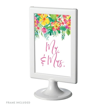 Tropical Floral Garden Party Party Signs, Mr. & Mrs., 4x6-inch, Includes Frame