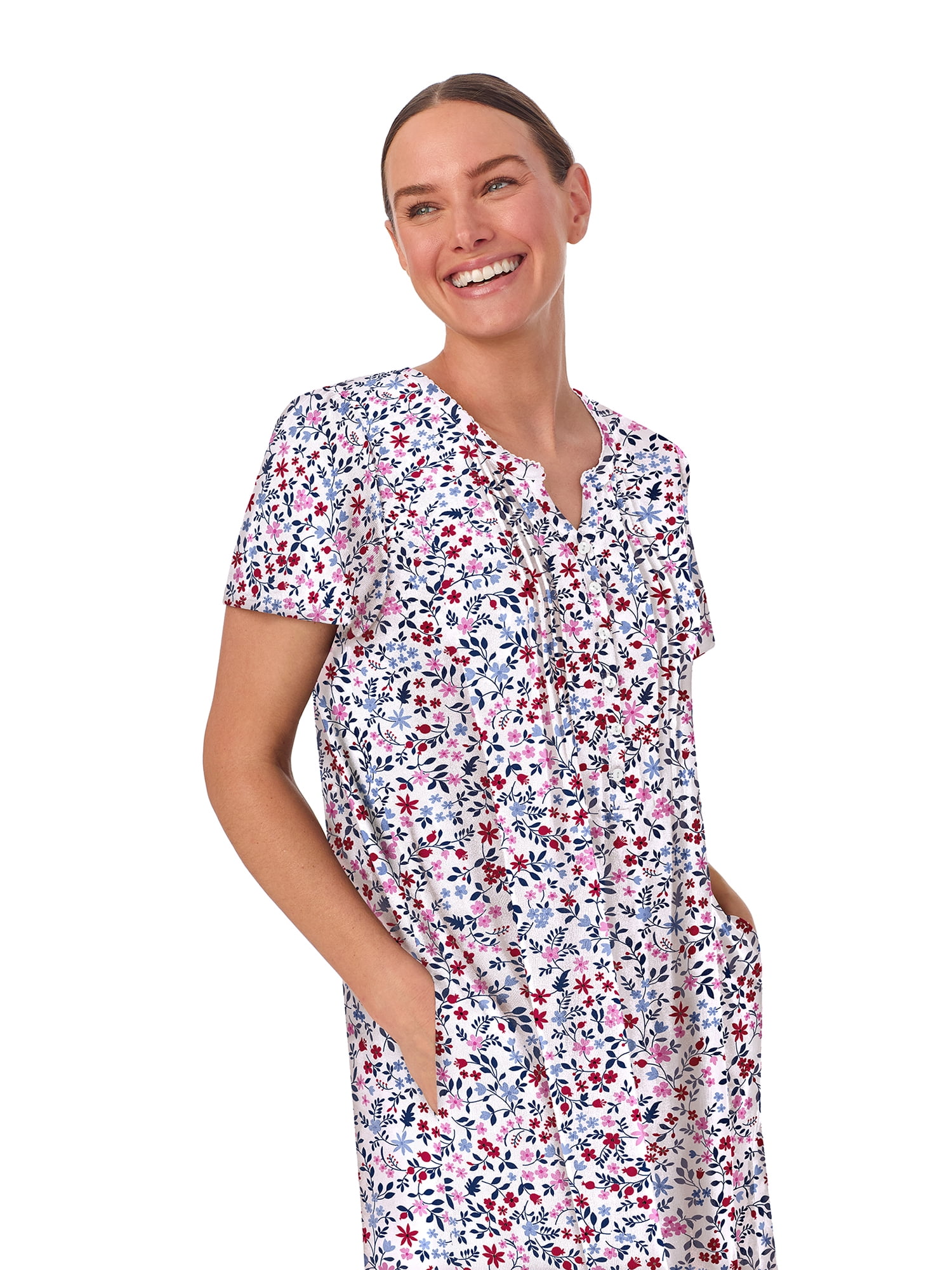 Aria Women’s Short Sleeve Split Neck Brushed Jersey Nightgown, Sizes XS-5X