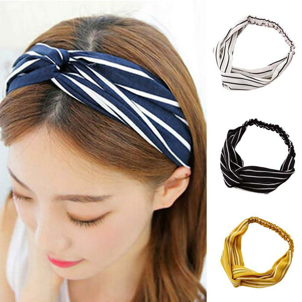 SPRING PARK Women Fabric Hairband Block Stripe Twist Bow Knot Cross Headband  Girl Hair Headwear 