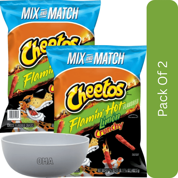 Cheetos Flamin’ Hot Limon Crunchy Cheese Flavored Snacks, 17.375 oz Bag-2pk, With Olive White Bowl By OMA