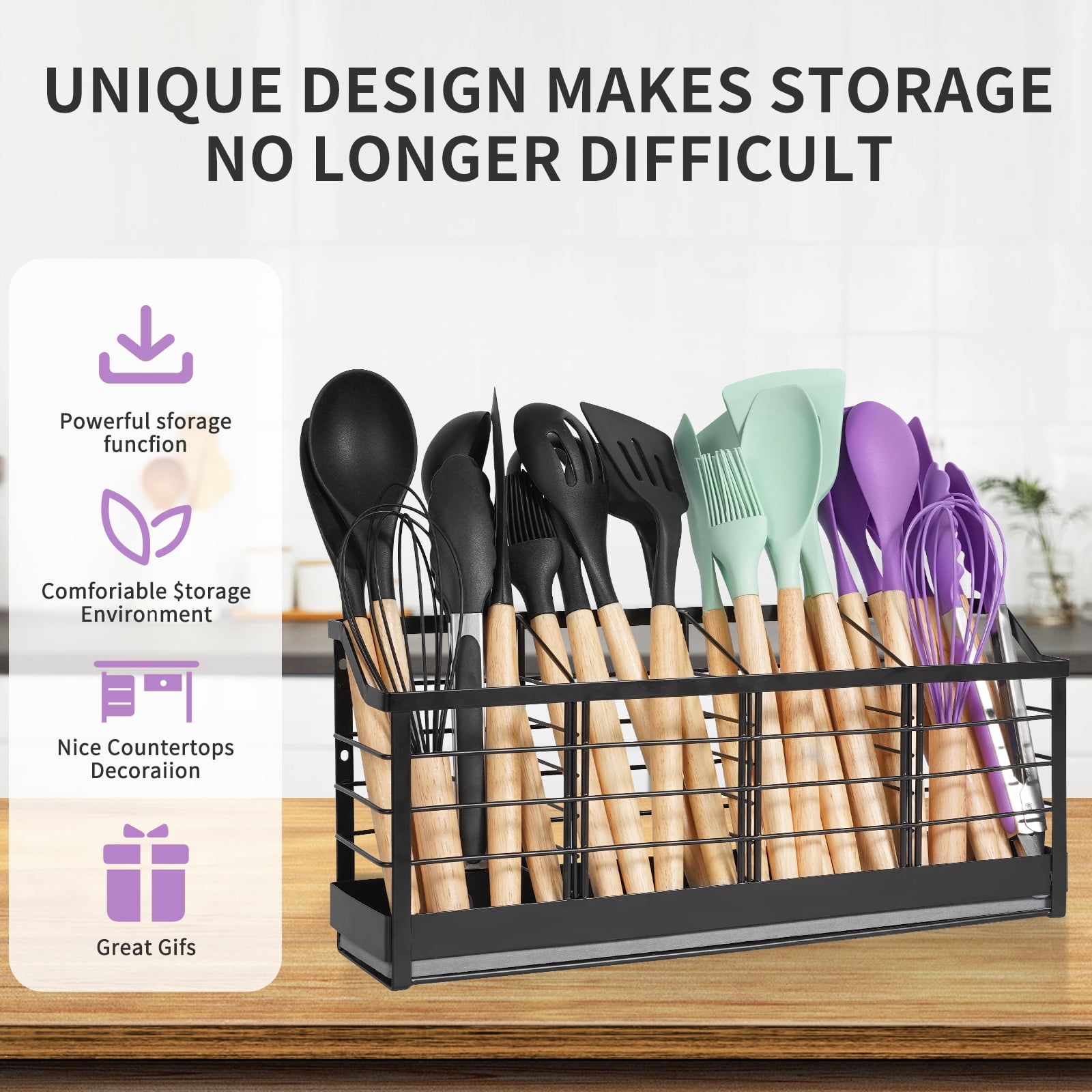 Large Utensil Holder for Kitchen Counter:Kitchen Cooking Utensil Holder Organizer with Diatomaceous Earth Base Matte Black (4 Compartments)