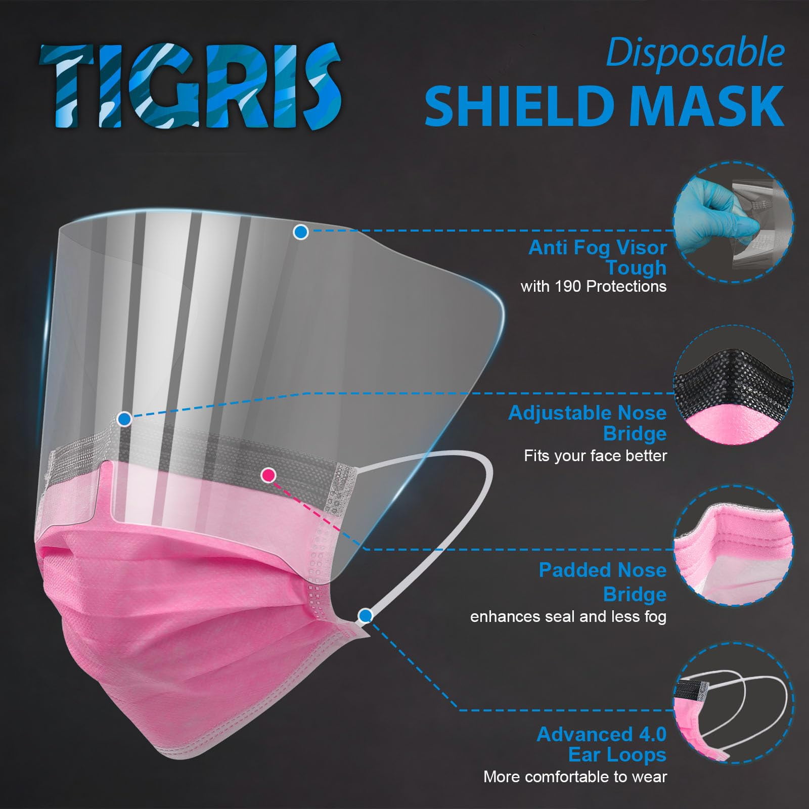 Disposable Face Mask with Shield, 3-Ply, Pink, 250 Count