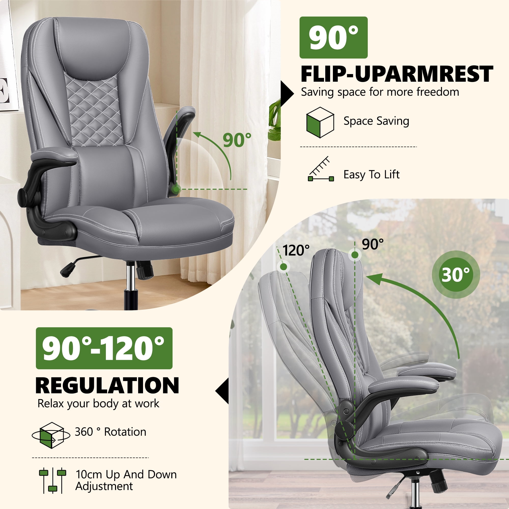 COOLHUT Big and Tall Office Chair, Executive Home Office Desk Chairs, Ergonomic Computer Faux Leather Desk Chair with Adjustable Flip-Up Arms, Lumbar Support Swivel Task Chair, Gray