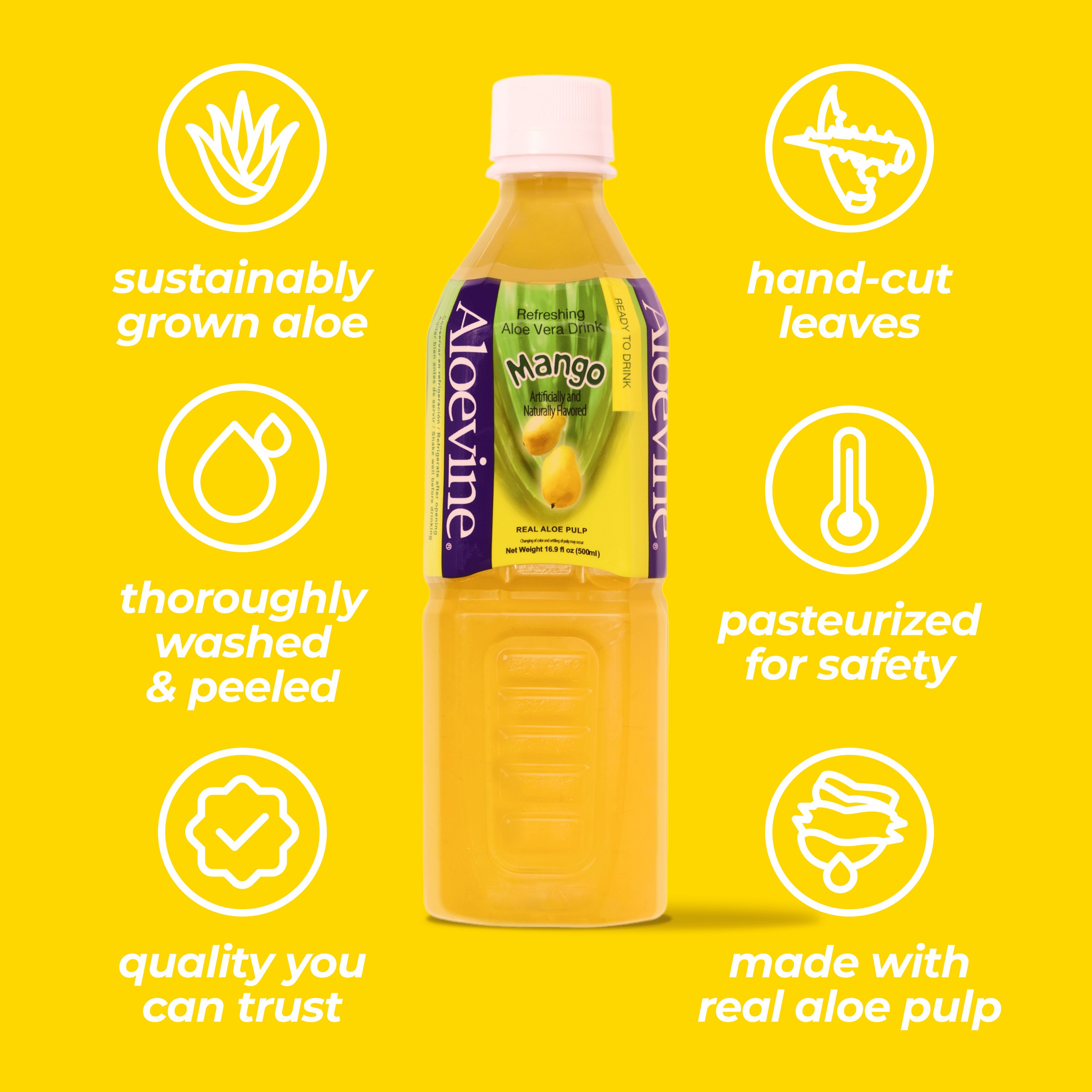 Aloevine Mango Aloe Vera Drink with Aloe Pulp, 16.9 fl oz, 10 Count Bottles