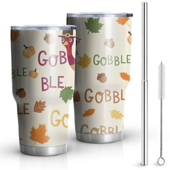 30oz Happy Thanksgiving Turkey Fall Leaves Tumblers Stainless Steel Tumbler with Lid and Straw,Vacuum Insulated Double Wall Travel Tumbler Cups Mug with Cleaning Brush for Coffee,Tea