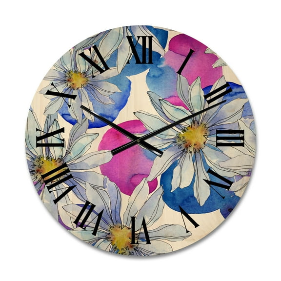 Designart 'Daisies On Red and Blue Backgorund' Traditional Wood Wall Clock