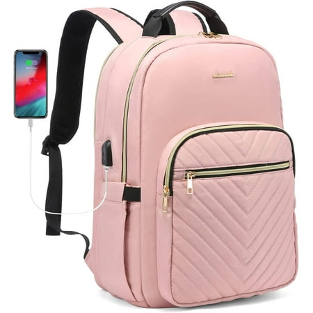 LOVEVOOK Laptop Backpack for Women, 15.6" Quilted Travel Backpack with Anti-Thief Pocket, Teacher Backpack Book Bag Nurse Bag Purse with USB- Light Pink