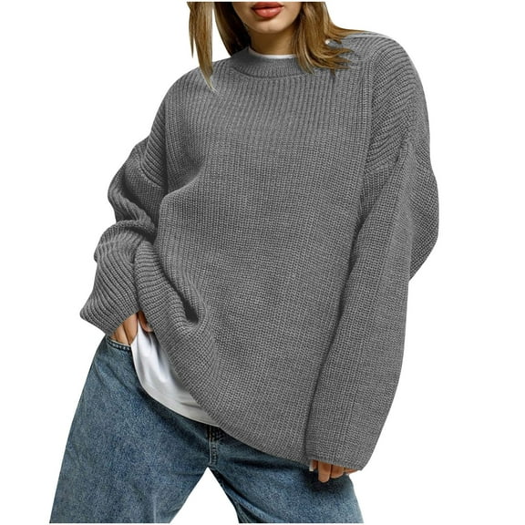 Women's Cable Knit Sweater Oversized Crew neck Long Lantern Sleeve Pullover Top for Fall & Winter Gray XL