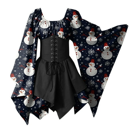 

JDEFEG Dresses Women Merry Christmas for Womens Trumpet Sleeve Irish Shirt Dress with Corset Traditional Dress Women M Gothic Retro Casual Dresses for Women Beach Polyester Navy M