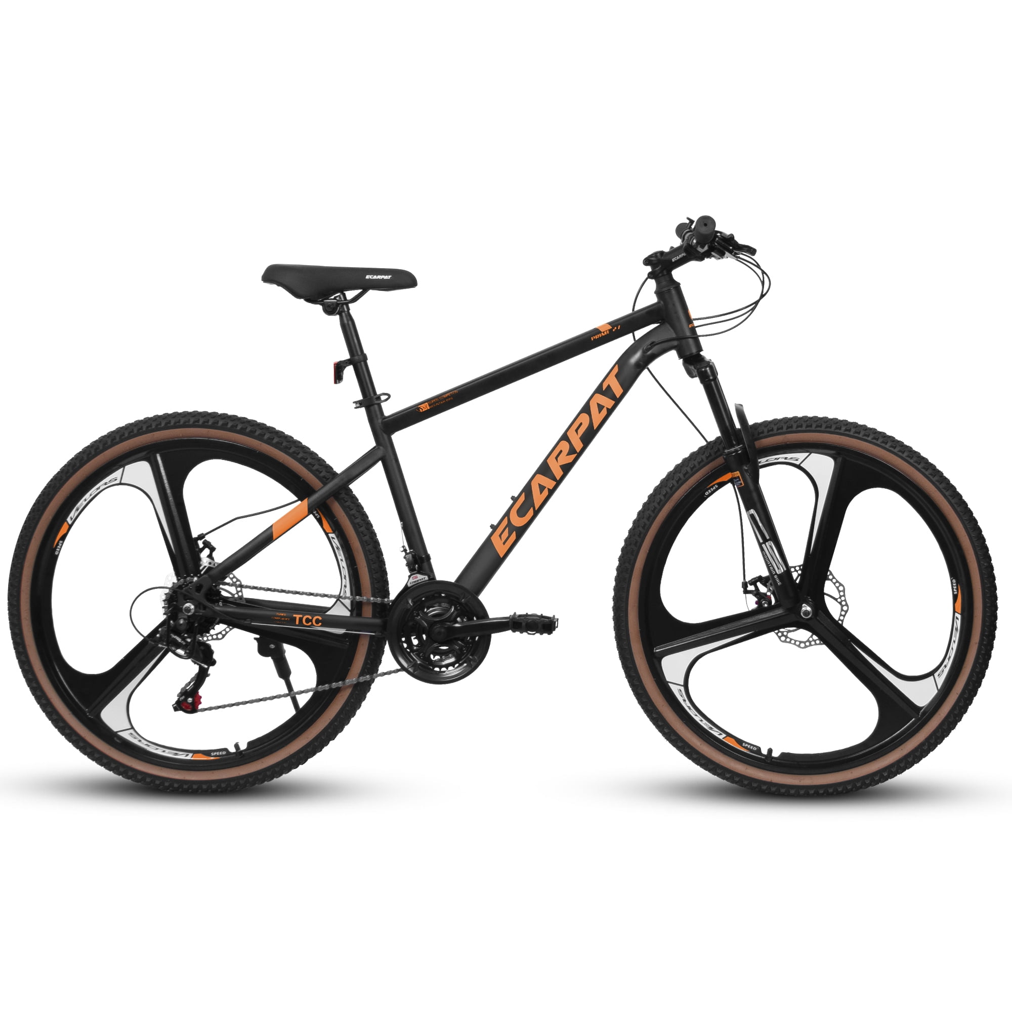 POVANLI  27.5 inch Mountain Bike for Men and Women, 21 Speed Road Bicycle with Dual Disc Brakes & Suspension, High Carbon Steel Frame Front Fork Bicycles, Black&Orange(Gift)
